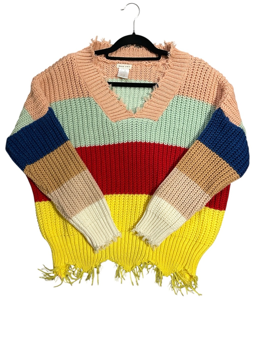 MAIN STRIP Distressed Frayed Raw Hem Colorblock Chunky Knit Sweater Size L